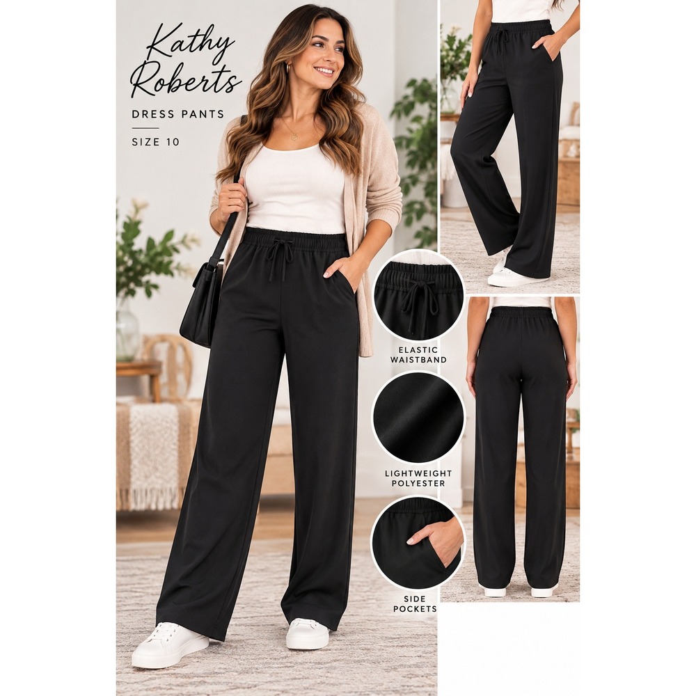Kathy Roberts Women's Black Wide Leg Dress Pants Elastic Waist Trousers Sz 10